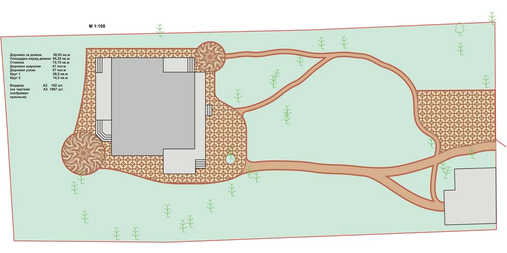 Проектирование мощения брусчаткой системы «Уникамень» территории усадьбы в Подмосковье, общий вид площади мощения